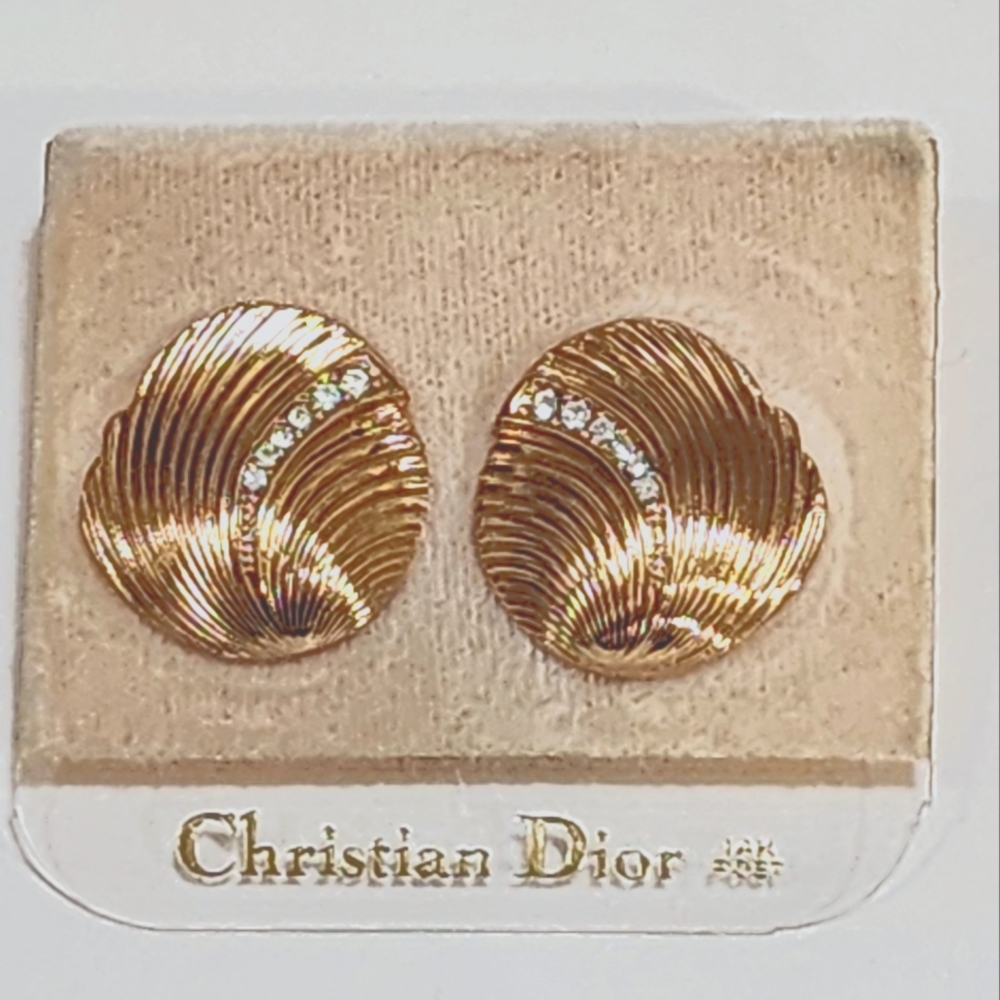 CHRISTIAN DIOR DRESSY EARRINGS VINTAGE PIERCED GOLD WITH SMALL RHINESTONES